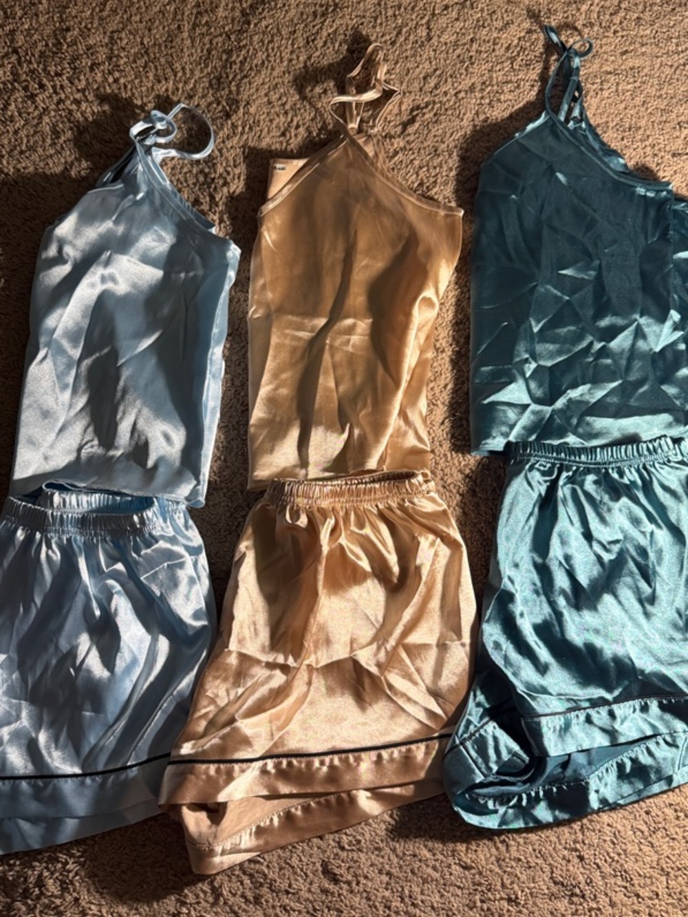 Amazon Satin Cami & Short Sleep Set Trio - Light Blue, Gold, Teal